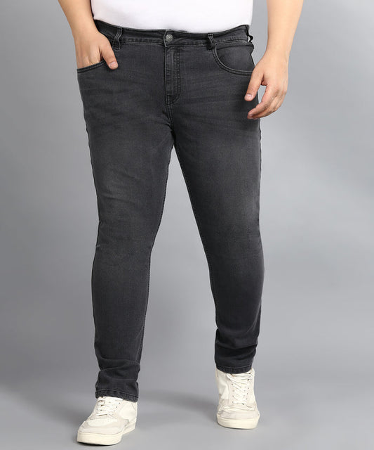 Plus Men's Carbon Grey Regular Fit Washed Jeans Stretchable