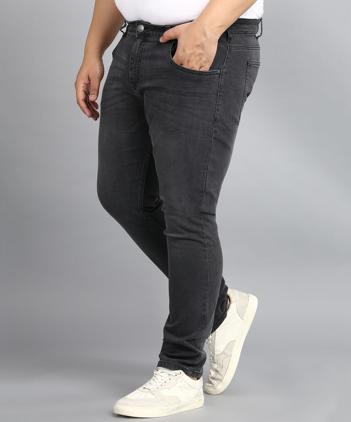 Plus Men's Carbon Grey Regular Fit Washed Jeans Stretchable