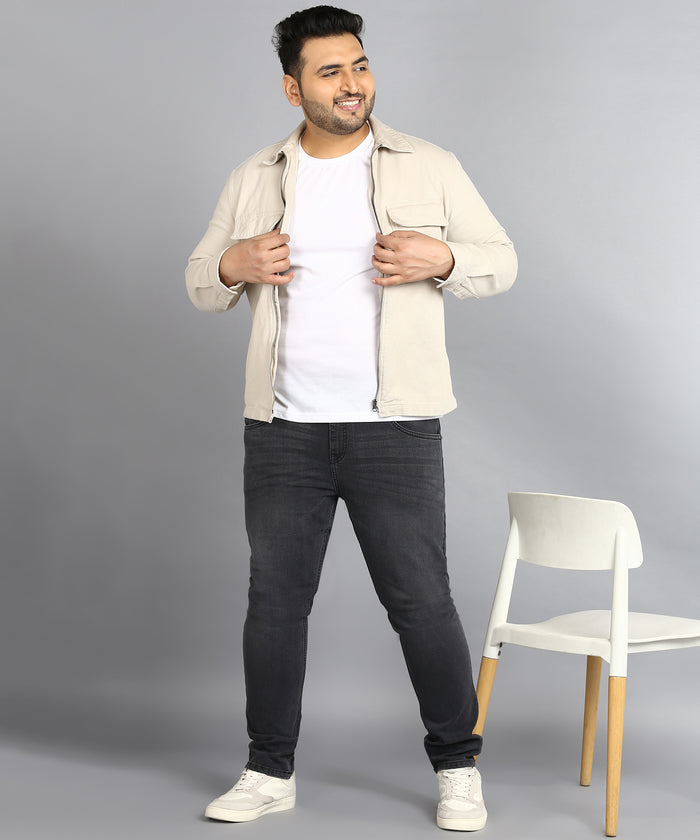 Plus Men's Carbon Grey Regular Fit Washed Jeans Stretchable