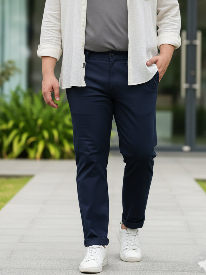 Plus Men's Dark Blue Cotton Regular Fit Casual Chinos Trousers