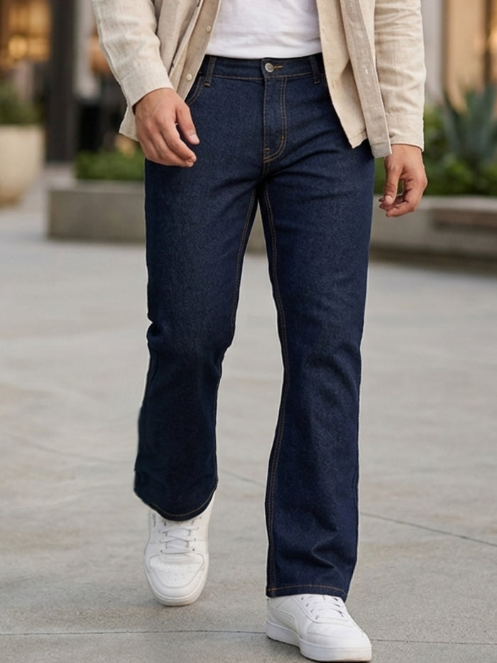 Plus Men's Dark Blue Regular Fit Washed Denim Bootcut Jeans Stretchable