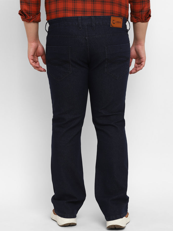 Plus Men's Dark Blue Regular Fit Washed Denim Bootcut Jeans Stretchable