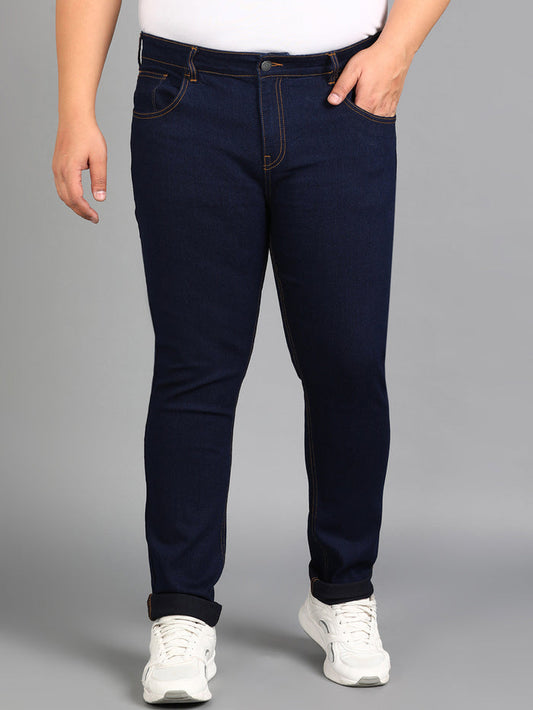 Plus Men's Dark Blue Regular Fit Washed Jeans Stretchable