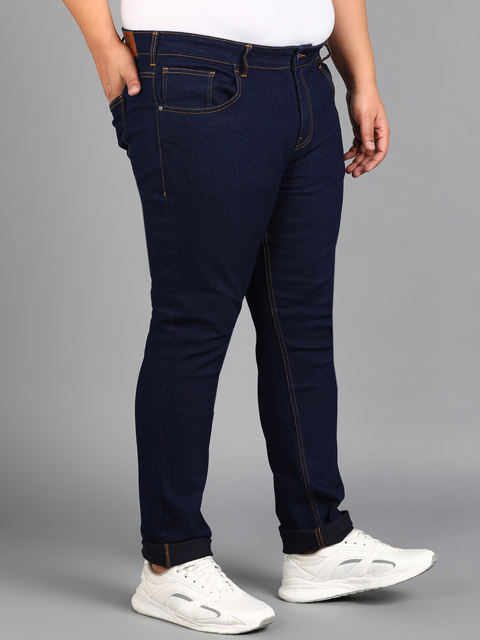 Plus Men's Dark Blue Regular Fit Washed Jeans Stretchable