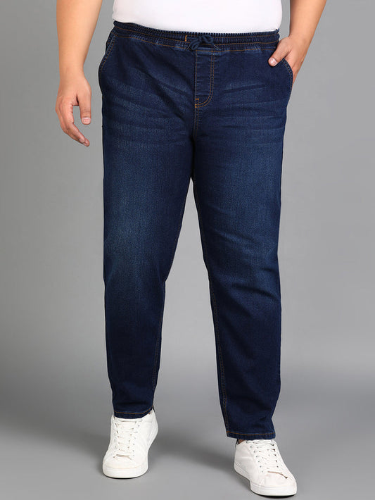 Plus Men's Dark Blue Regular Fit Washed Jogger Jeans Stretchable