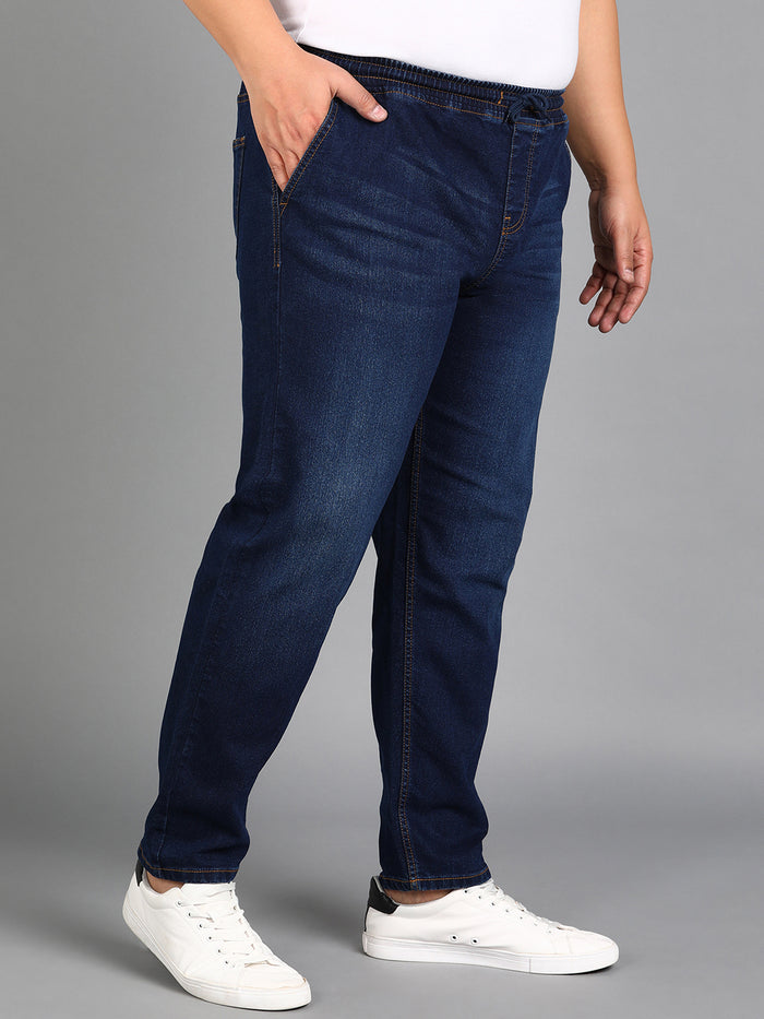 Plus Men's Dark Blue Regular Fit Washed Jogger Jeans Stretchable