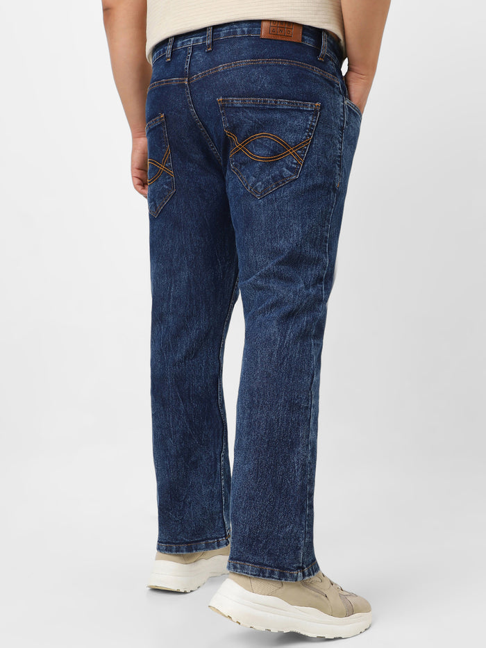 Plus Men's Dark Blue Washed Bootcut Jeans Stretchable
