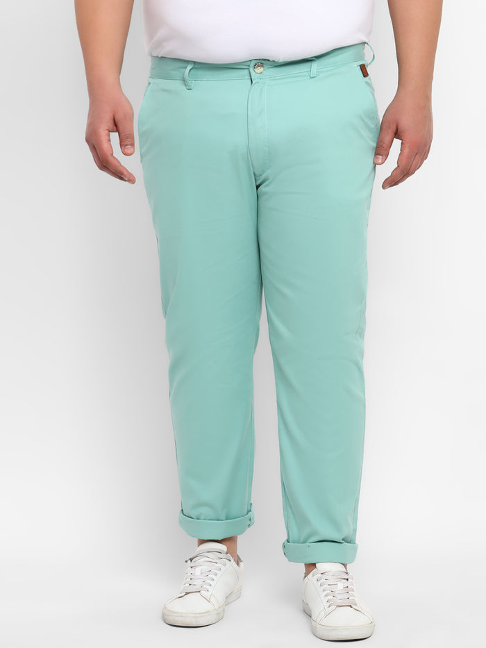 Plus Men's Green Cotton Regular Fit Casual Chinos Trousers