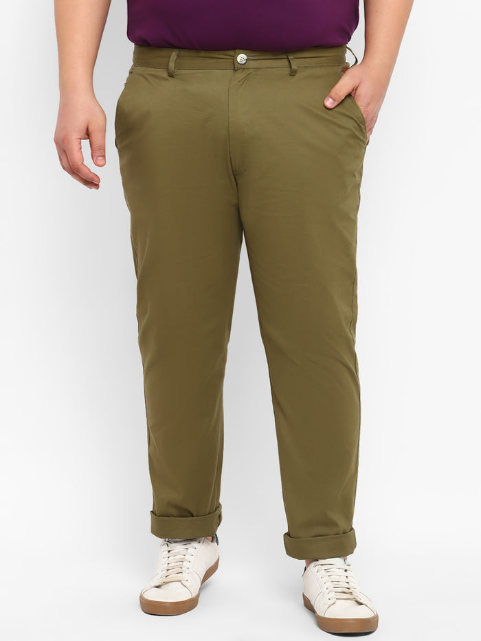 Plus Men's Green Cotton Regular Fit Casual Chinos Trousers