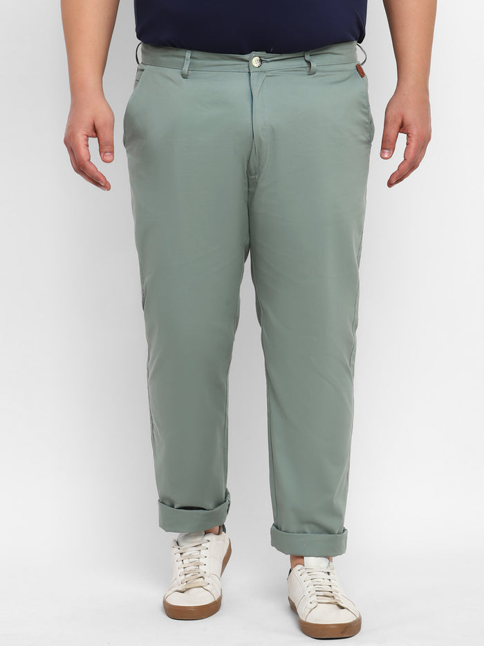 Plus Men's Green Cotton Regular Fit Casual Chinos Trousers