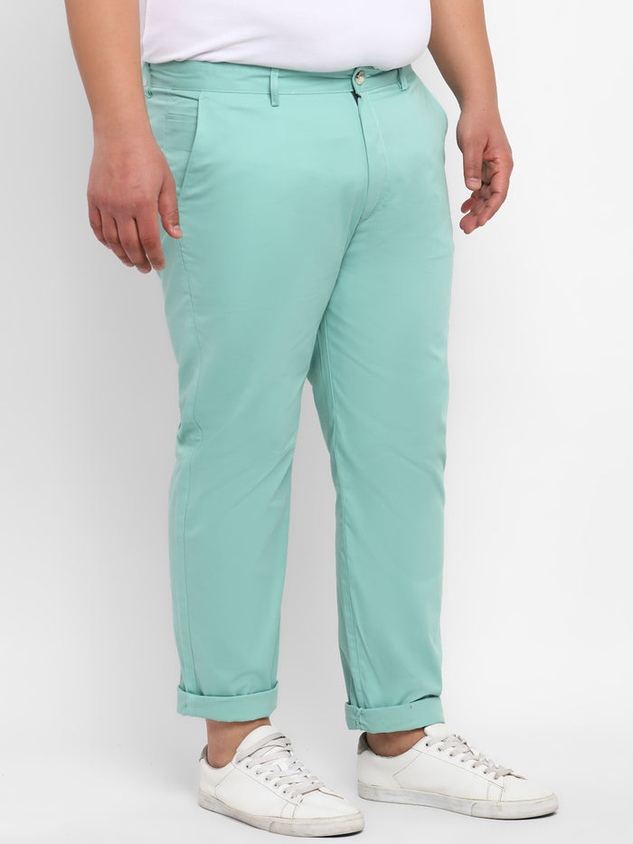 Plus Men's Green Cotton Regular Fit Casual Chinos Trousers