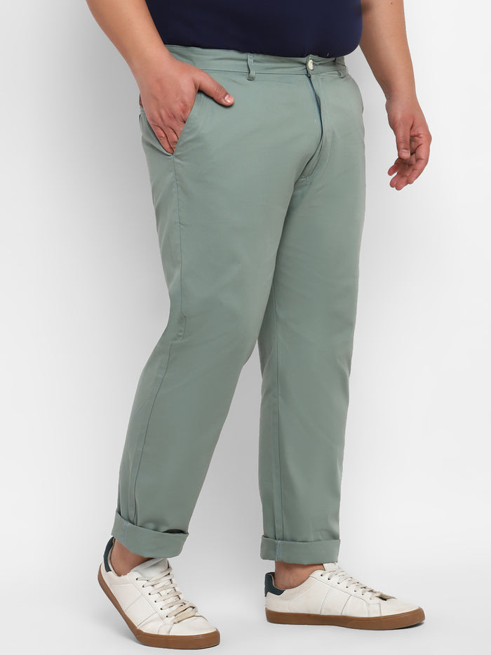 Plus Men's Green Cotton Regular Fit Casual Chinos Trousers