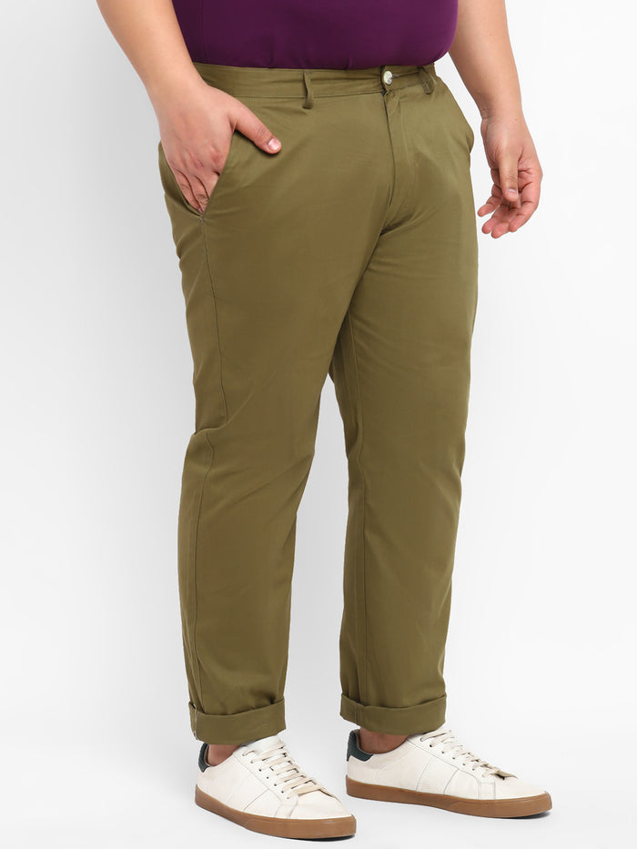Plus Men's Green Cotton Regular Fit Casual Chinos Trousers