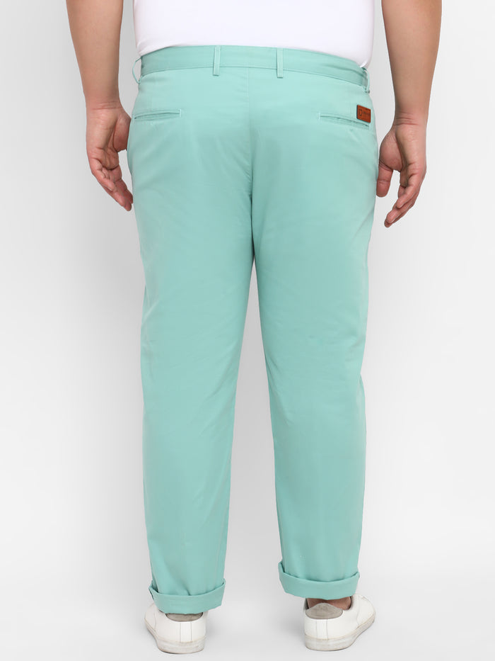 Plus Men's Green Cotton Regular Fit Casual Chinos Trousers