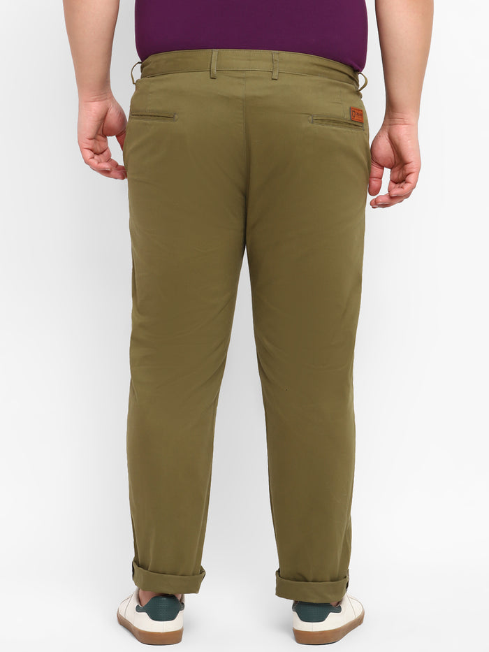 Plus Men's Green Cotton Regular Fit Casual Chinos Trousers