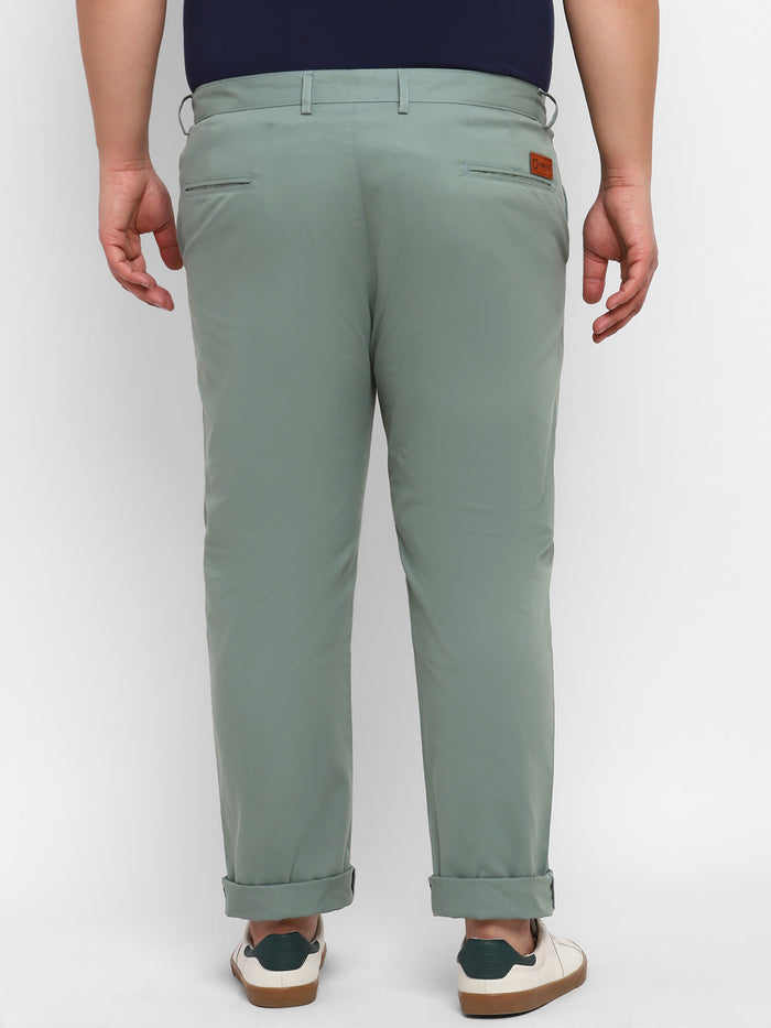 Plus Men's Green Cotton Regular Fit Casual Chinos Trousers