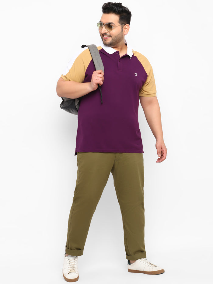 Plus Men's Green Cotton Regular Fit Casual Chinos Trousers