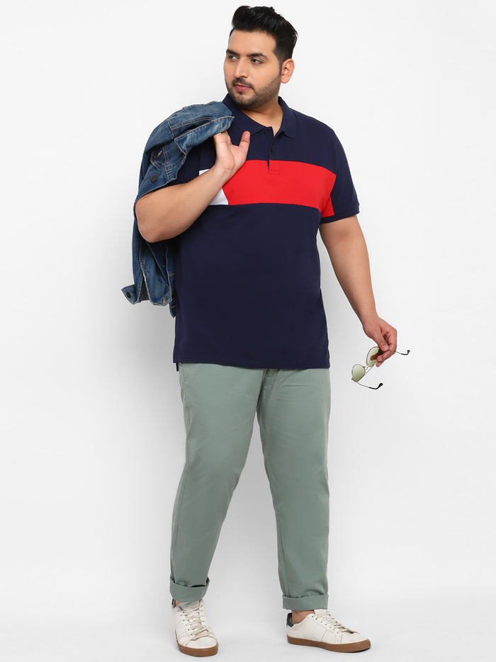 Plus Men's Green Cotton Regular Fit Casual Chinos Trousers
