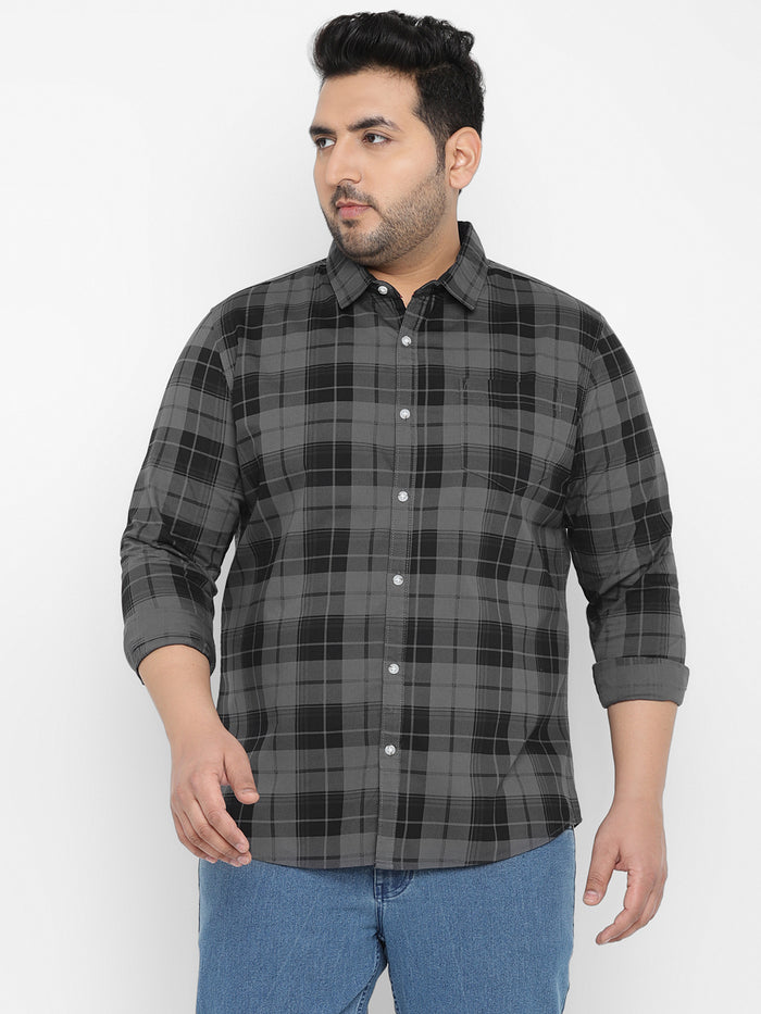 Plus Men's Grey Cotton Full Sleeve Regular Fit Casual Checkered Shirt