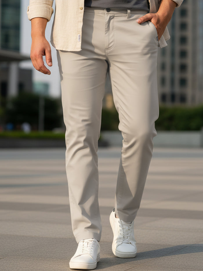 Plus Men's Grey Cotton Regular Fit Casual Chinos Trousers