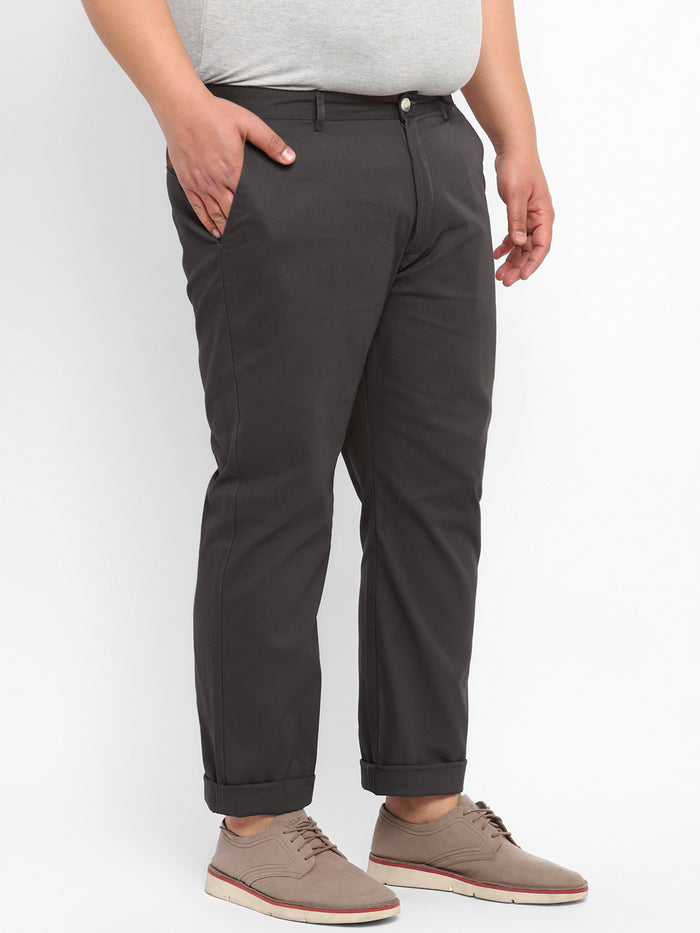 Plus Men's Grey Cotton Regular Fit Casual Chinos Trousers