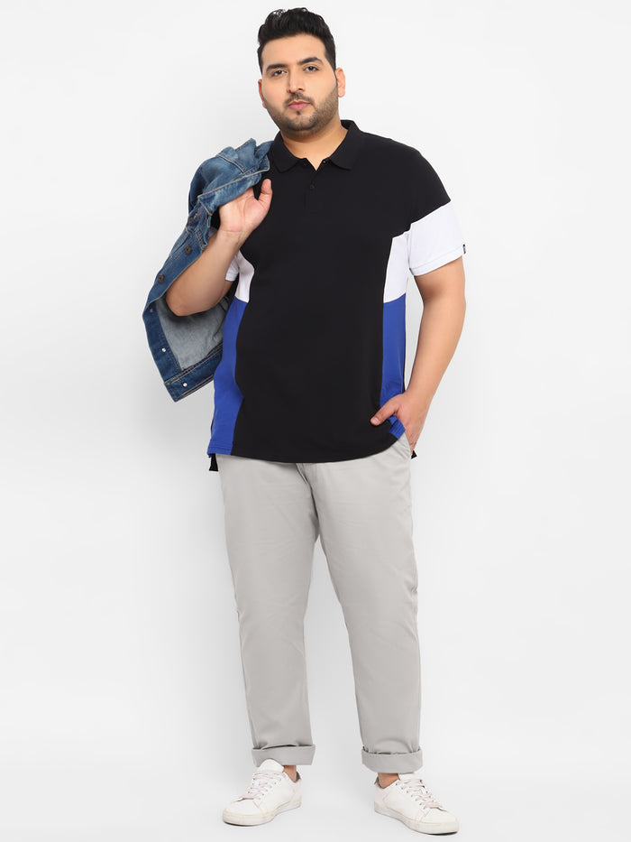 Plus Men's Grey Cotton Regular Fit Casual Chinos Trousers
