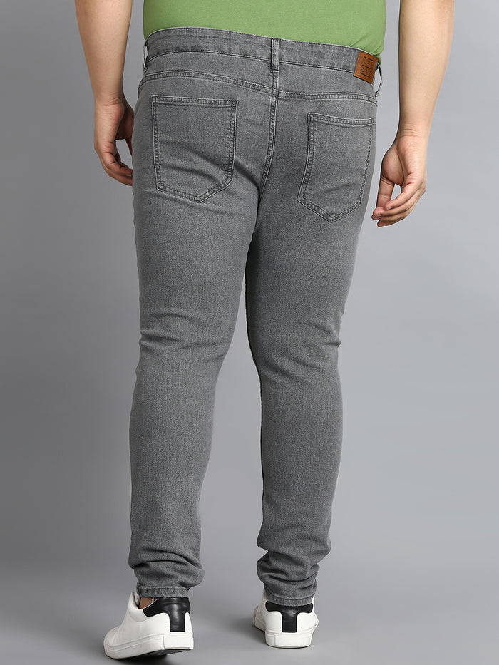 Plus Men's Grey Regular Fit Washed Jeans Stretchable