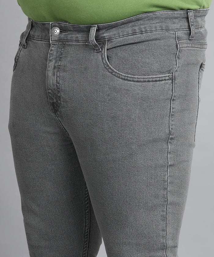 Plus Men's Grey Regular Fit Washed Jeans Stretchable
