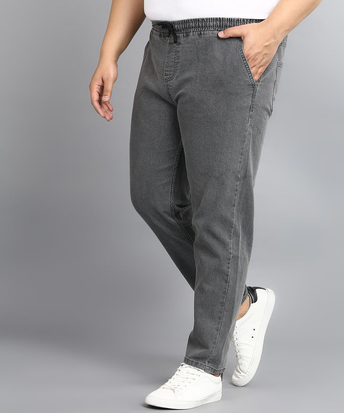 Plus Men's Grey Regular Fit Washed Jogger Jeans Stretchable