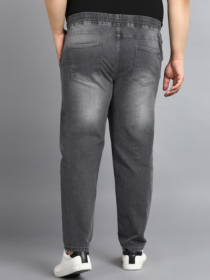 Plus Men's Grey Regular Fit Washed Jogger Jeans Stretchable