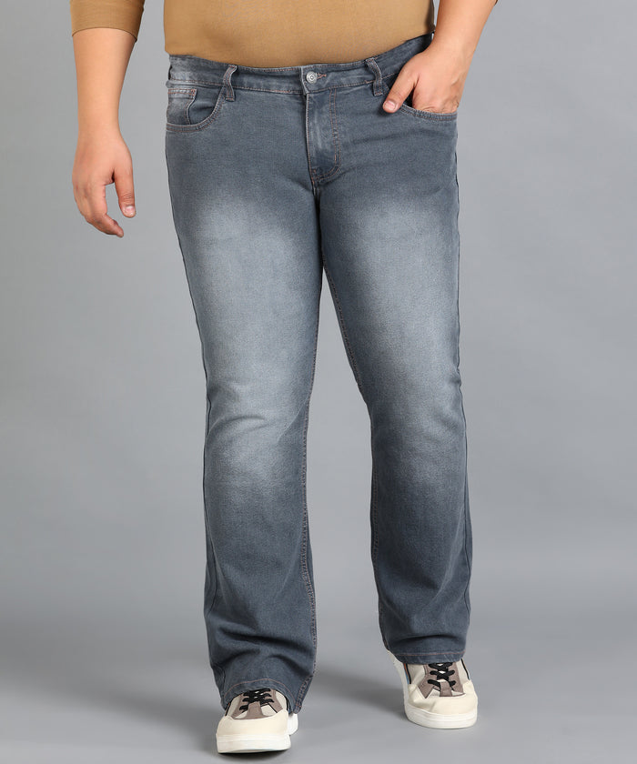 Plus Men's Grey Washed Bootcut Jeans Stretchable