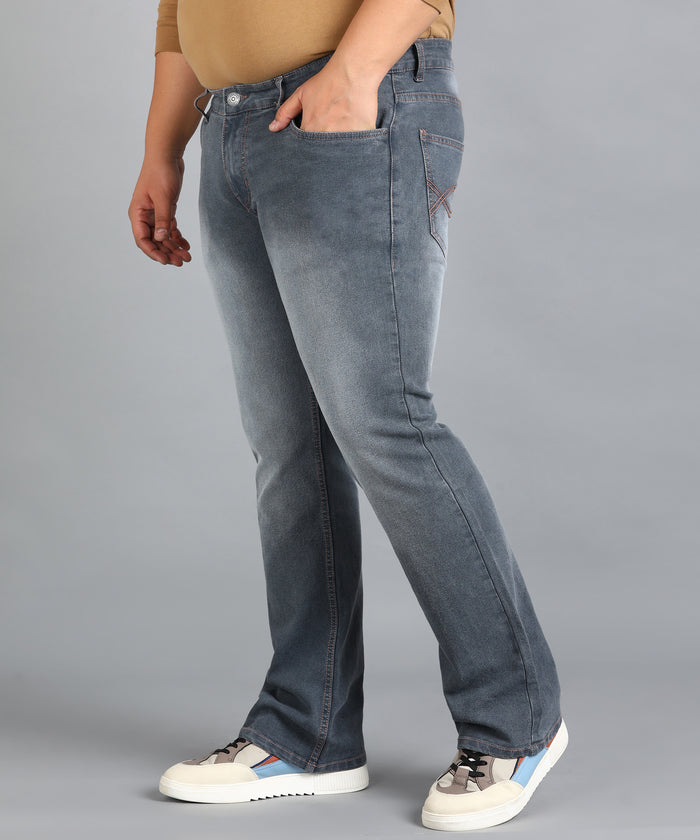 Plus Men's Grey Washed Bootcut Jeans Stretchable