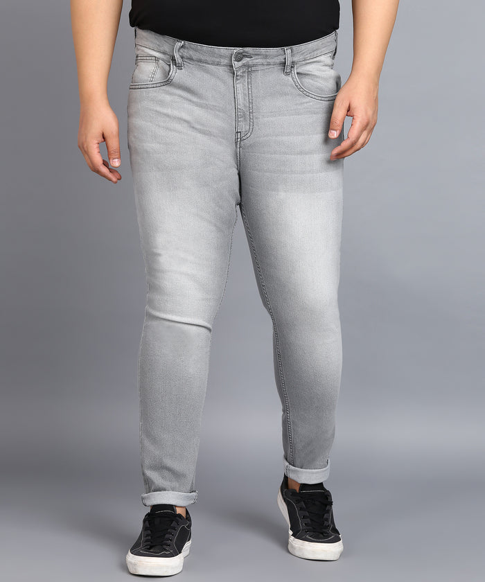 Plus Men's Ice Grey Regular Fit Washed Jeans Stretchable