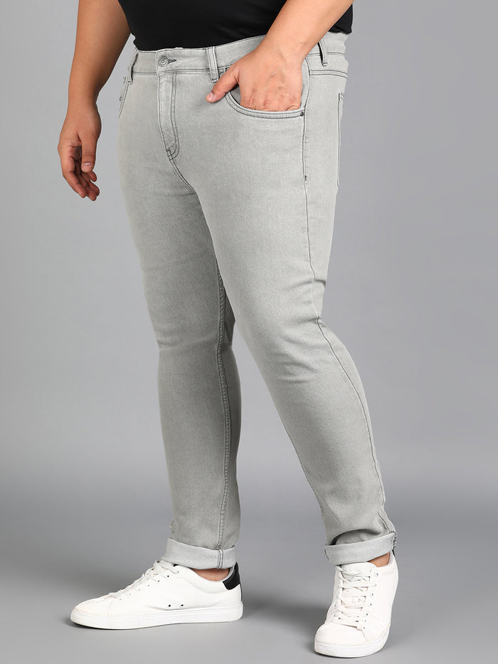 Plus Men's Ice Grey Regular Fit Washed Jeans Stretchable
