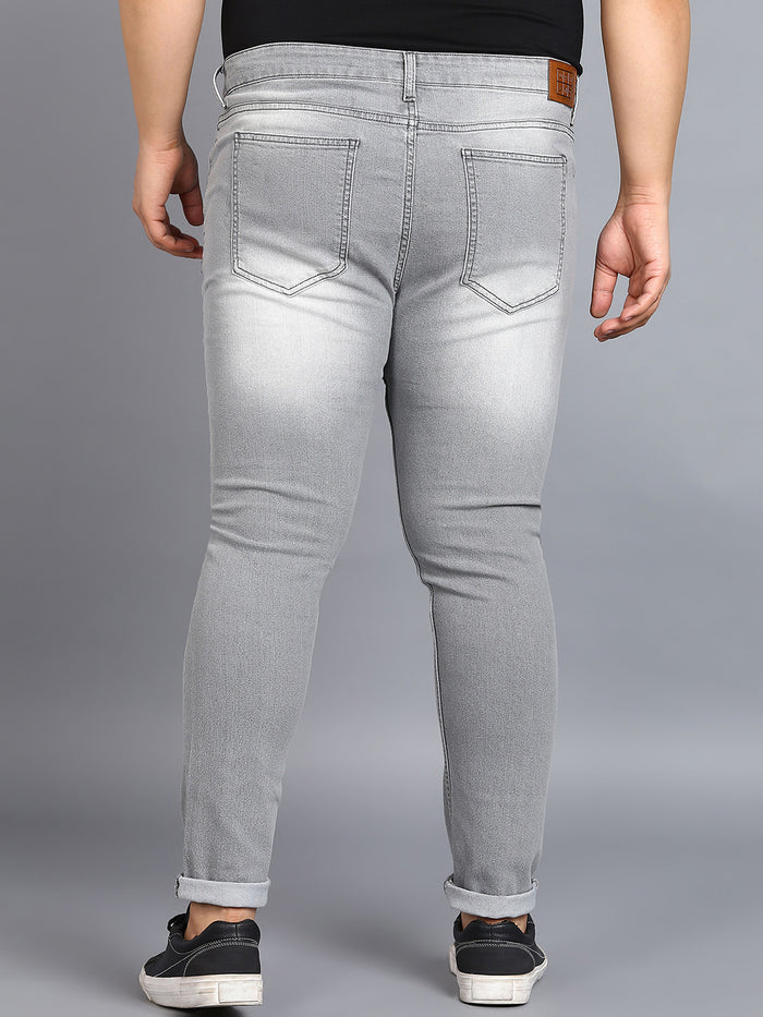 Plus Men's Ice Grey Regular Fit Washed Jeans Stretchable
