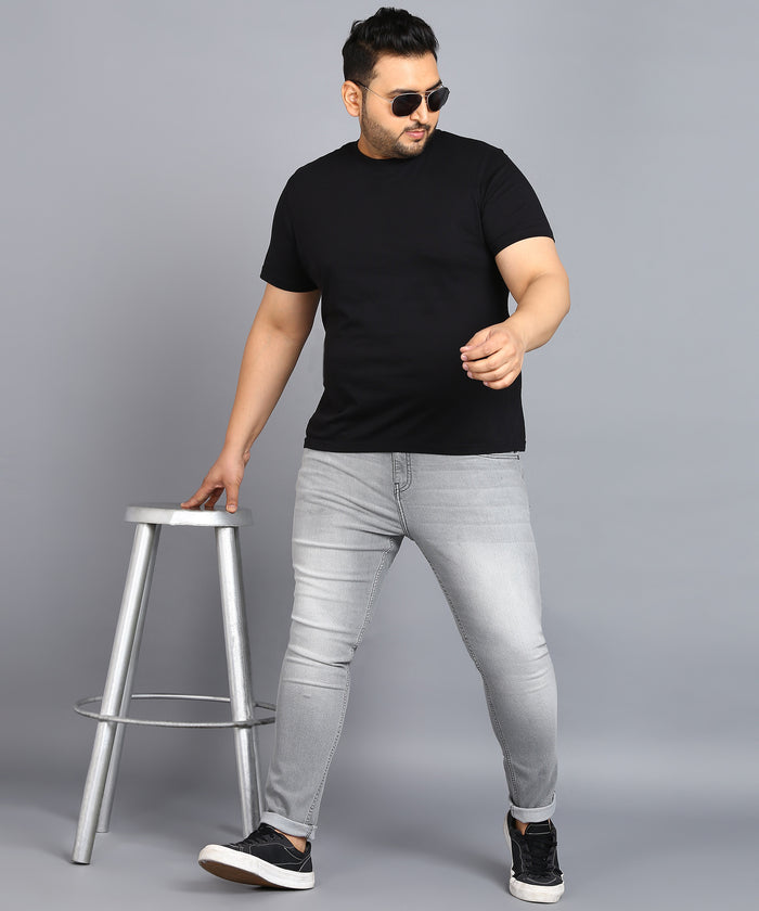 Plus Men's Ice Grey Regular Fit Washed Jeans Stretchable