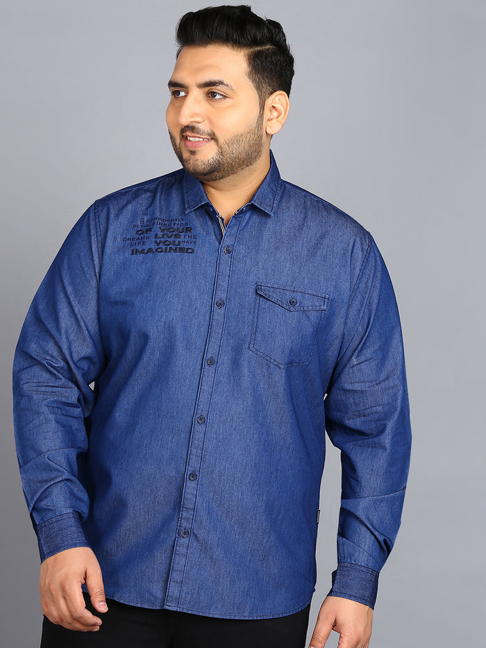 Plus Men's Light Blue Denim Full Sleeve Regular Fit Washed Casual Shirt