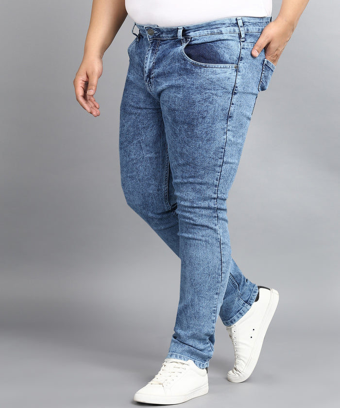 Plus Men's Light Blue Regular Fit Washed Jeans Stretchable