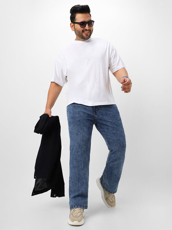 Plus Men's Light Blue Washed Bootcut Jeans Stretchable