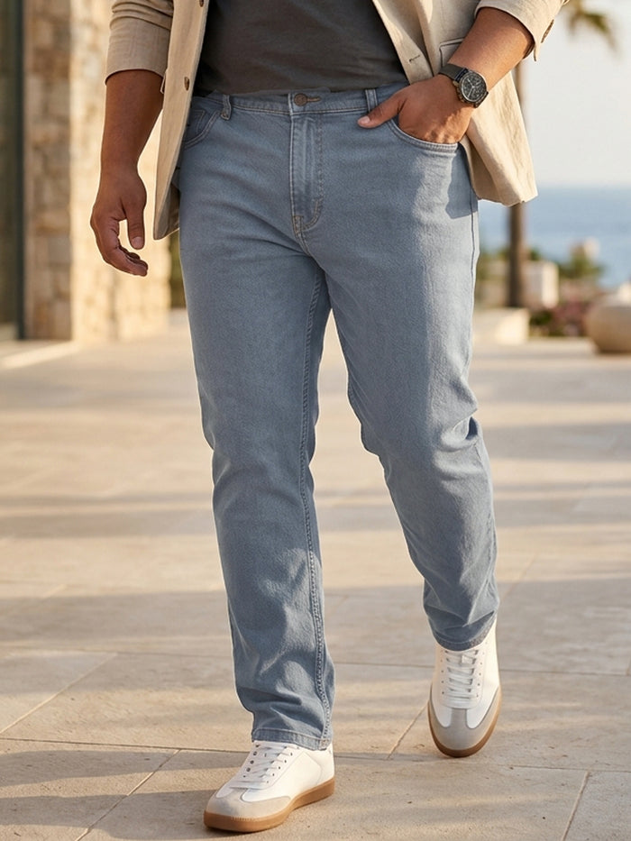 Plus Men's Light Grey Regular Fit Denim Jeans Stretchable