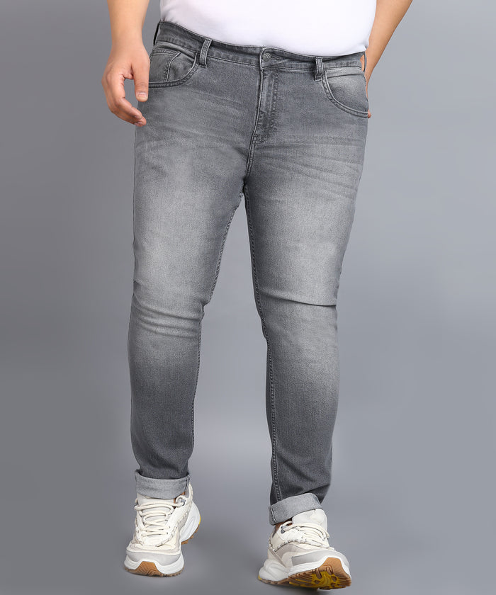 Plus Men's Light Grey Regular Fit Washed Jeans Stretchable