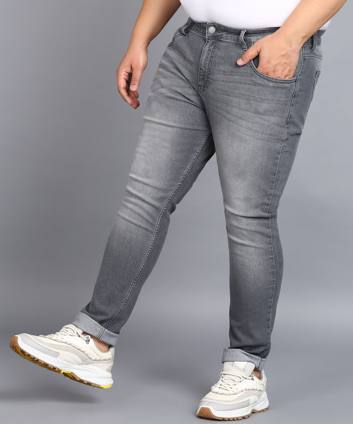 Plus Men's Light Grey Regular Fit Washed Jeans Stretchable