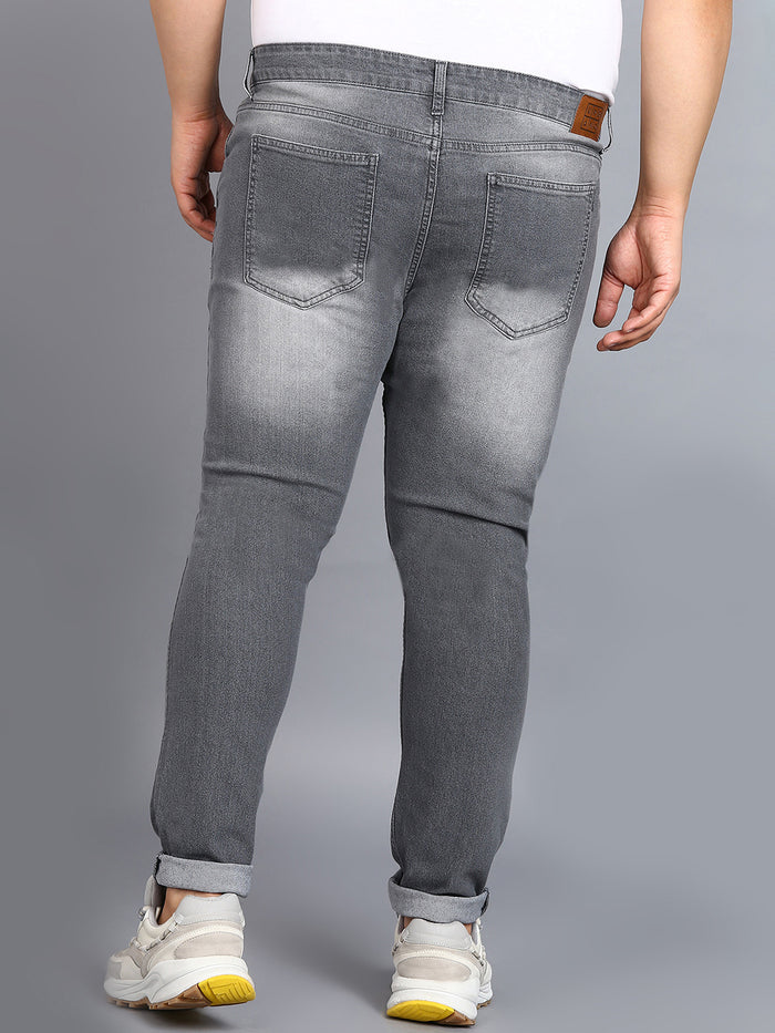 Plus Men's Light Grey Regular Fit Washed Jeans Stretchable