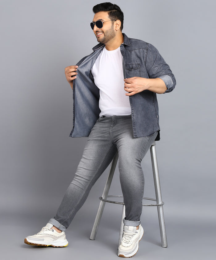 Plus Men's Light Grey Regular Fit Washed Jeans Stretchable