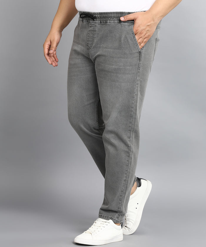 Plus Men's Light Grey Regular Fit Washed Jogger Jeans Stretchable