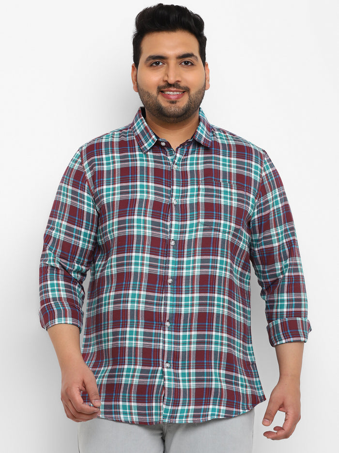 Plus Men's Maroon Cotton Full Sleeve Regular Fit Casual Checkered Shirt