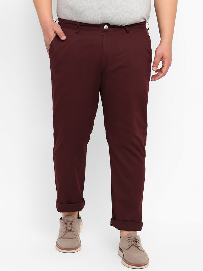 Plus Men's Maroon Cotton Regular Fit Casual Chinos Trousers