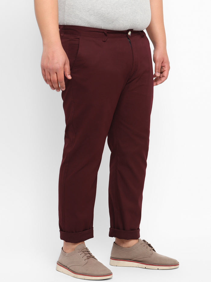 Plus Men's Maroon Cotton Regular Fit Casual Chinos Trousers
