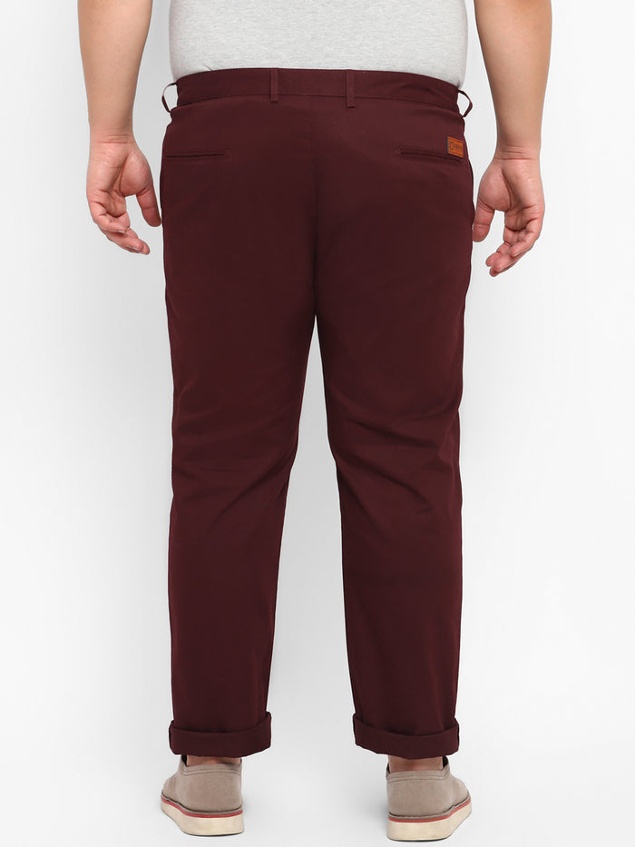 Plus Men's Maroon Cotton Regular Fit Casual Chinos Trousers
