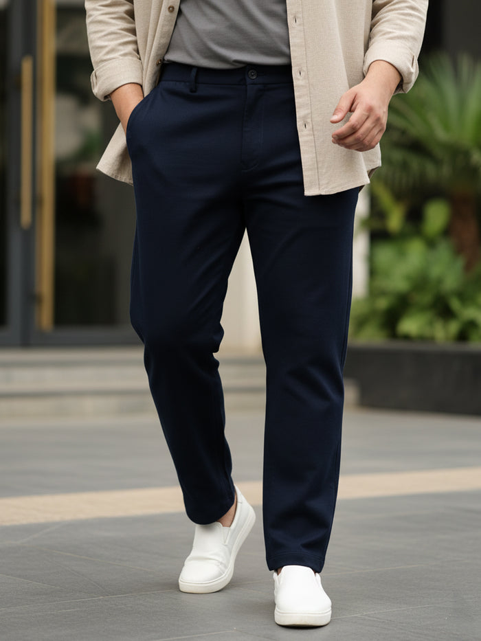 Plus Men's Navy Blue Cotton Regular Fit Casual Chino Pants Stretch